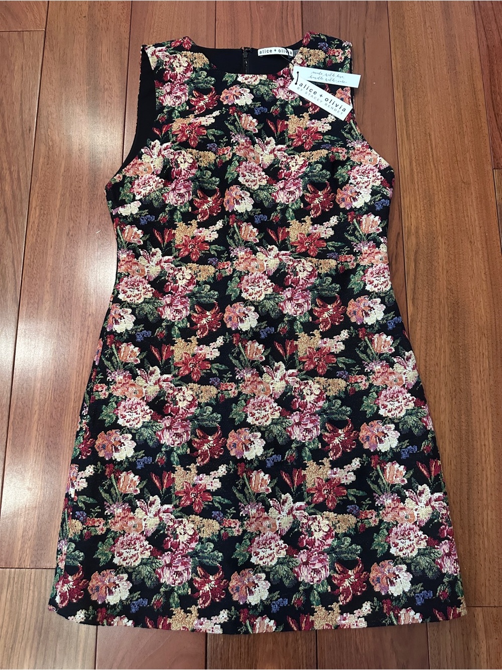 NWT Alice + Olivia Black Floral Jacquard Sheath Dress Multi-Color Blooms Size 6